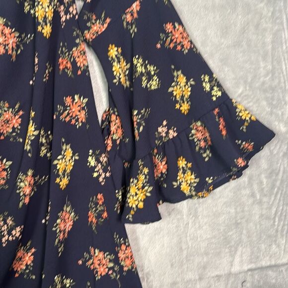 Nicole Miller Studio Navy Floral Peasant Midi Off the Shoulder Dress Size 2 - Picture 3 of 11